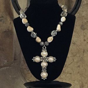 MOTHER OF PEARL HANDMADE NECKLACE, CROSS PENDANT, 22 INCHES